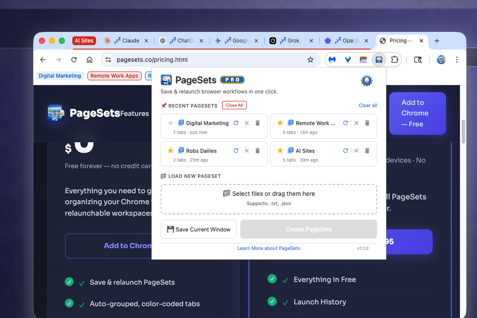 PageSets favorites list with starred workspaces pinned to the top
