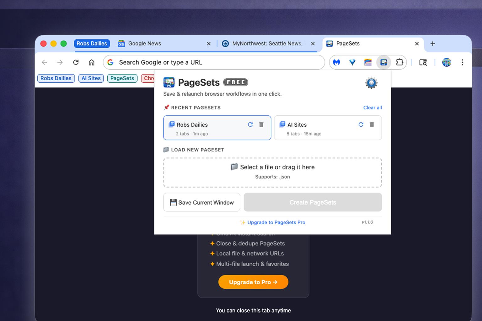 PageSets popup with one-click relaunch button for instant workspace restore