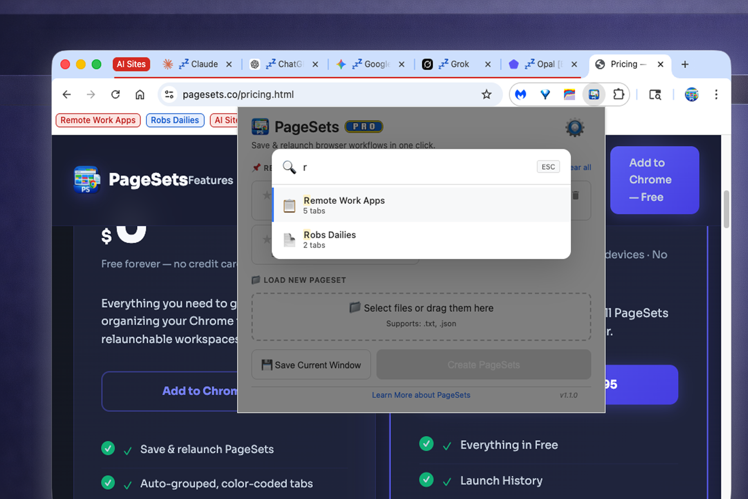 PageSets quick search filtering the workspace list in real time